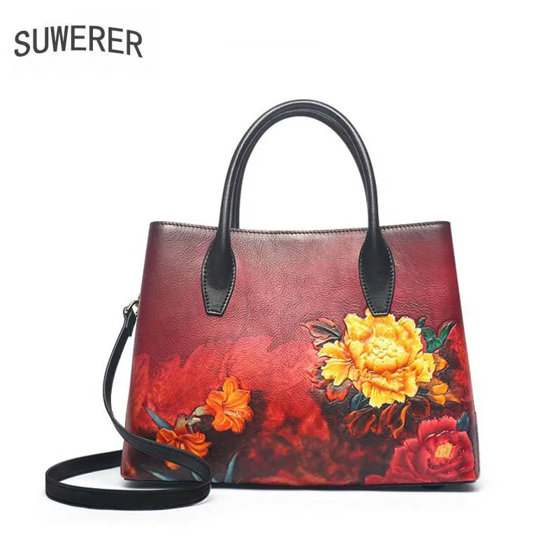 

SUWERER 2019 New Women Genuine Leather bags luxury handbags real Cowhide designer Embossed bag tote women leather shoulder bag