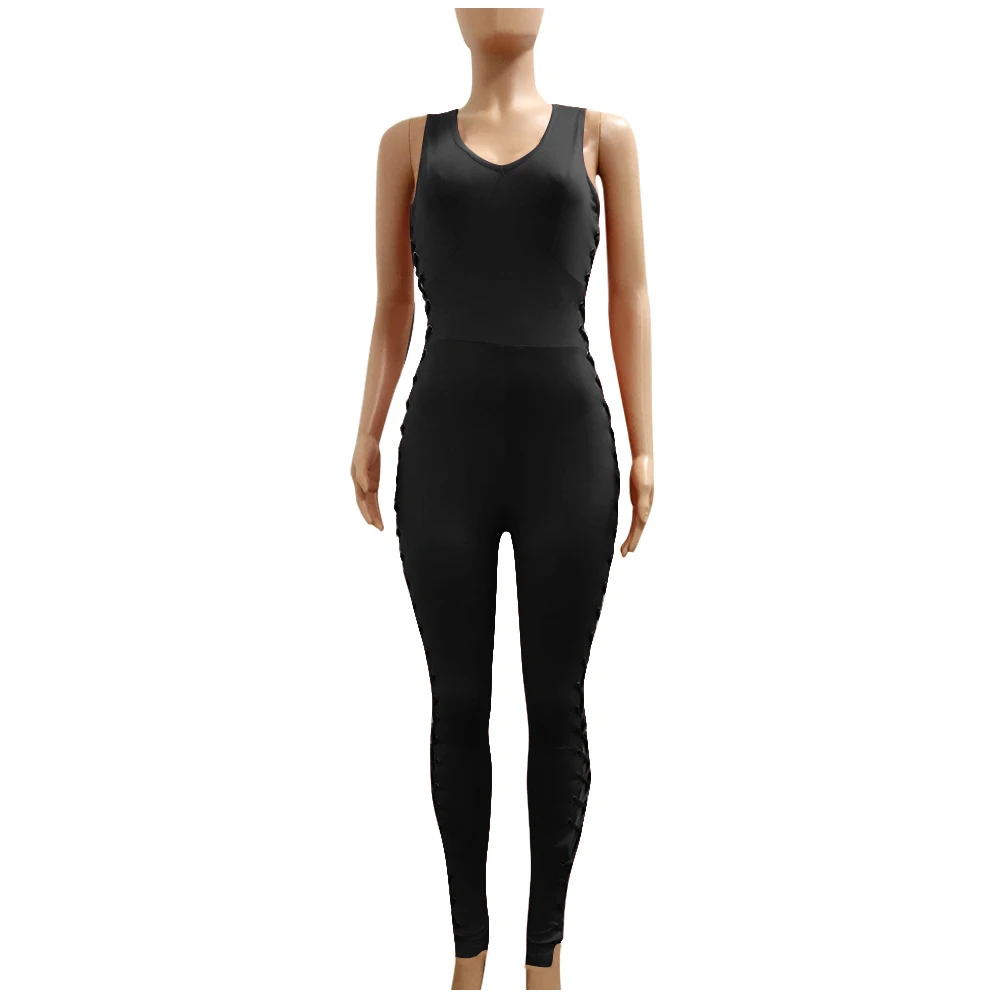 

IMC Summer Rompers Womens Jumpsuit Sexy Sleeveless V Neck Playsuit Ladies Bandage Hollow Out Zippers Slim Overalls(Black,S/US~