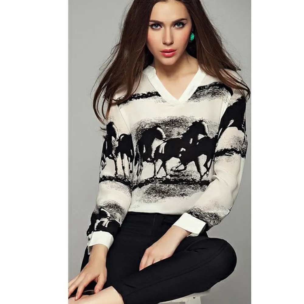 2016 Elegant Fashion Women V neck Ink Horse Print Casual Retro Chiffon
