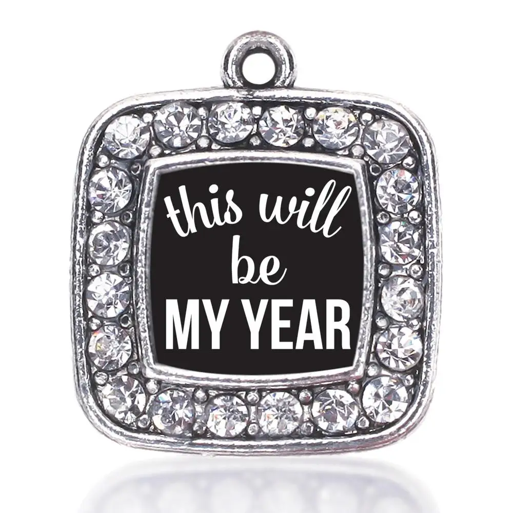 

ANTIQUE SILVER PLATED CRYSTAL JEWELRY THIS WILL BE MY YEAR SQUARE CHARM