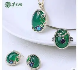 Халцедон, инкрустированный с 925 серебряным necklace ем, живое кольцо, браслет, три набора, женский ювелирный подарок