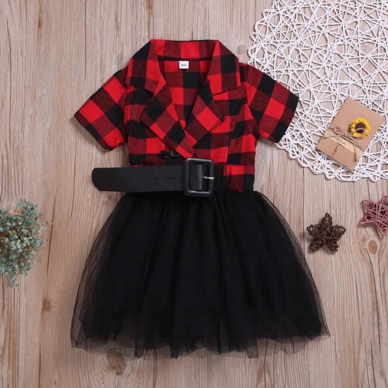 

2019 Summer Kids Girl Casual Short Sleeve Plaid Print Patchwork Design Dress Baby Children Mesh Dresses With Belt