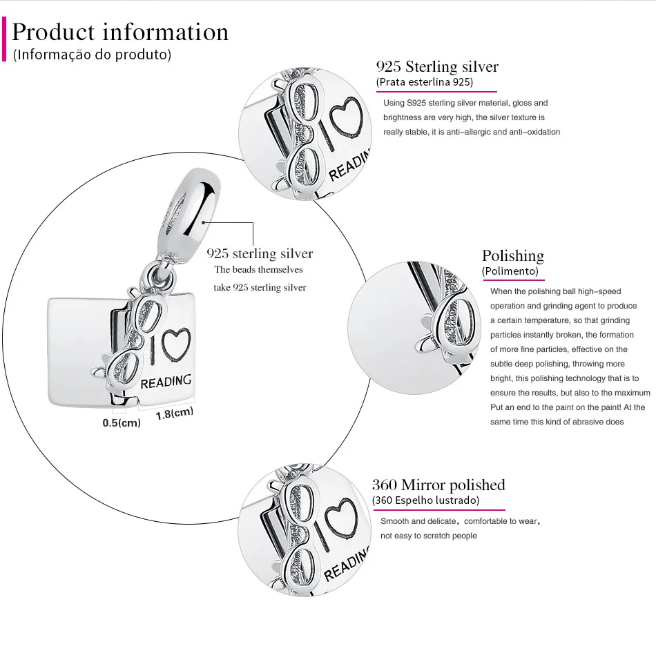 Belawang Новинка года 925 стерлингового серебра я люблю чтения с Очки мотаться Шарм подходят Pandora Браслеты и Ожерелья для мужчин ювелирные изделия