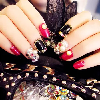 

24pcs New Design Nail Art Tips with Glue 3D Simulation Pearl Jewelry Decoration Fake Nail Ladies Sexy Fashion Party False Nails