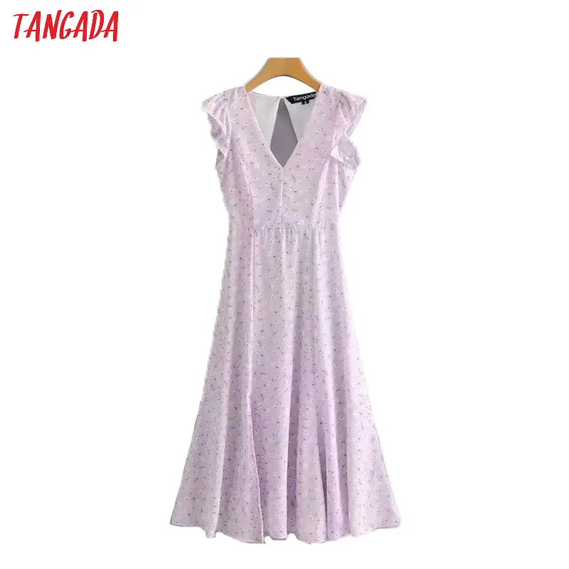 

Tangada fashion women sundress floral print dress pleated ruffles short sleeve ladies beach chic midi dresses SY193