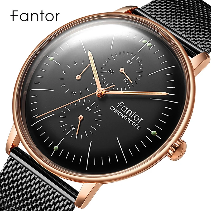 Fantor Classic Men Watch Top Brand Luxury Chronograph Black Mesh Quartz
