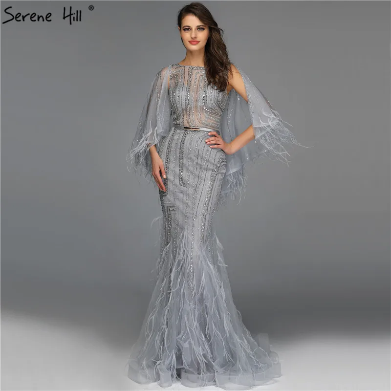 Серое вечернее платье с круглым вырезом, украшенное перьями и кристаллами, Дизайн Дубай, роскошное сексуальное вечернее платье без рукавов, Serene hilm LA70153 - Цвет: grey