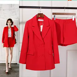 Маленький костюм женский 2019 Лето Новый женский корейский вариант моды двубортный красный костюм куртка повседневные шорты из двух частей