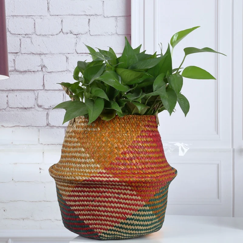 

Foldable Handmade Basket Natural Rattan Flower Basket Vase Planter Nursery Pot Belly Basket Straw Toys Organizer Home Decor