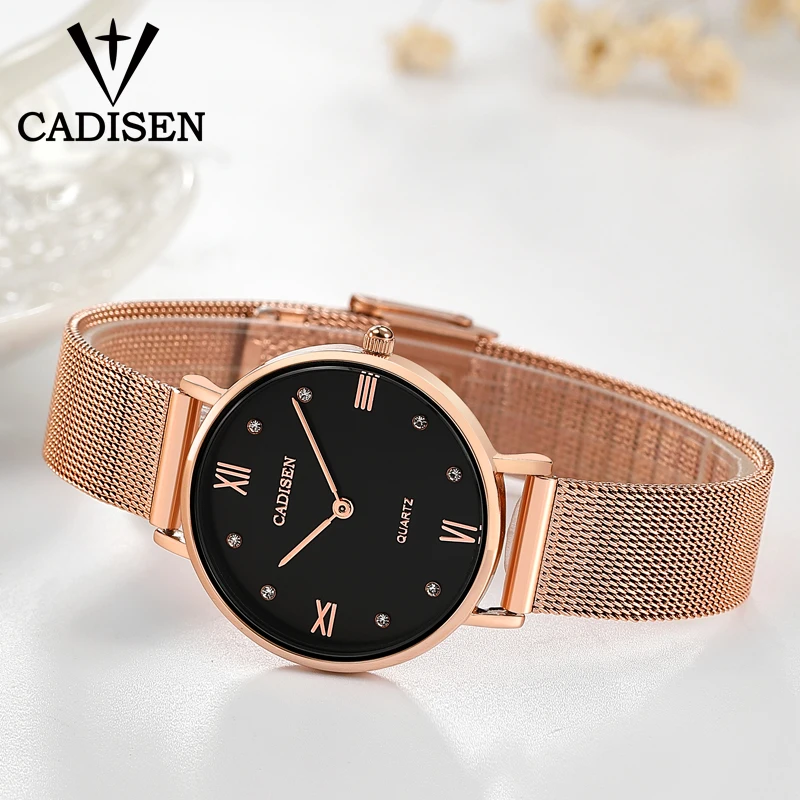 CADISEN Brand Luxury Fashion Ladies Watch Women Watch Thin Rose Gold Steel Mesh band Quartz Wristwatches Women relogio feminino