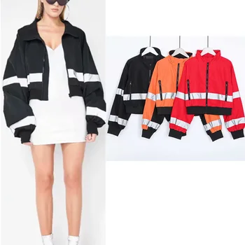 

Harajuku Stickers Reflective Strips Jacket Zipper Loose Lantern Sleeve Coat High Waist Zipper Cardigan Tops Bomber Jacket Women