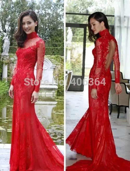 New Arrival Long Lace A-Line Prom Dress High Neck Open Back Evening Full Sleeves Party Hot Sale 2014 | Свадьбы и торжества