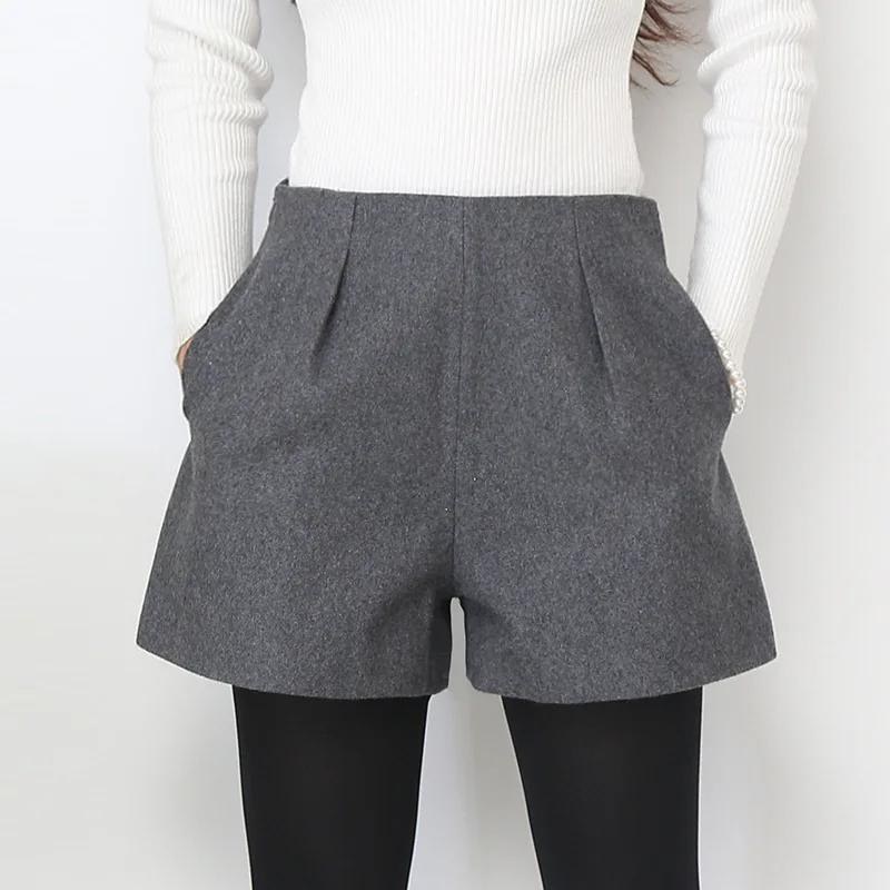 Большие размеры шерстяные шорты женские Осень Зима Короткие повседневные свободные брюки высокая Талия шорты модные карманы широкие обтягивающие шорты - Цвет: Grey