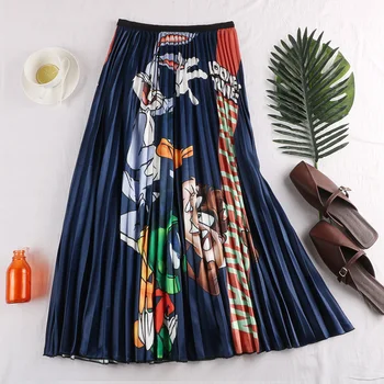 

2020 Harajuku Casual Cartoon Print Women Summer Elegant Pleated Long Skirt High Waist Women A-Line Midi Skirt Saias Femme