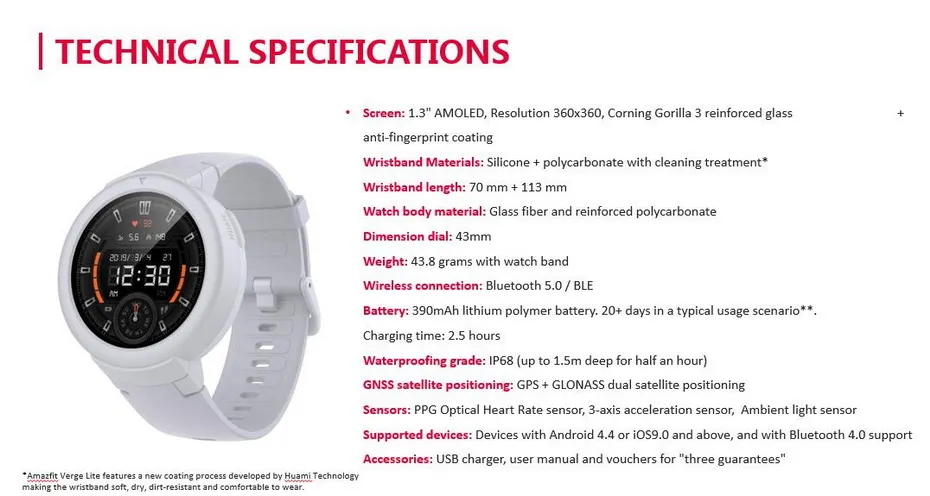 Умные часы AMAZFIT Verge Lite, 20 дней работы от батареи, 1,3 дюймов, AMOLED экран, встроенный gps монитор сердечного ритма