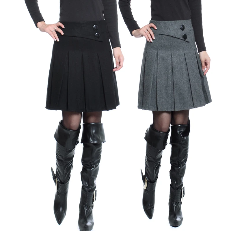 

Warm Winter Skirts Womens Autumn Plus size Buttons Decorative Zipper Closed Gray Black Solid Color Basic Pleated Wool Skirt