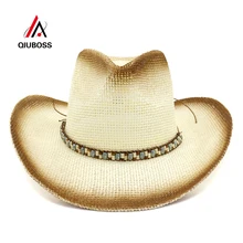 QIUBOSS коричневый Краски распыления Бумага Соломенные Ковбойские шляпы Для женщин Для мужчин лето широкими полями затенение шляпа пляжная Панама Sun Кепки