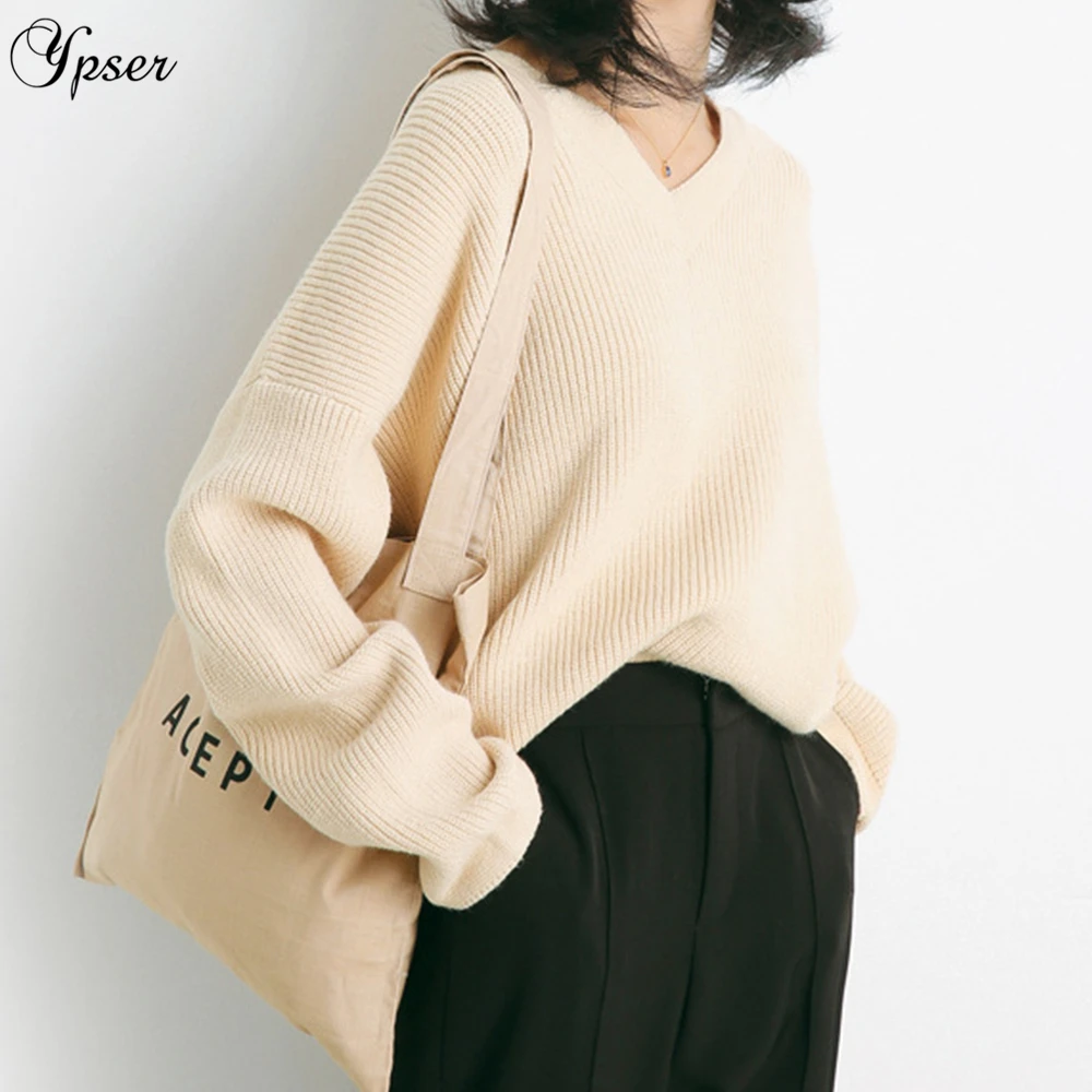 Ypser Women's Fashion V-Neck Pullover Long Drop Sleeves Loose Knits Sweater Winter Tops | Женская одежда