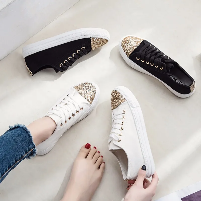 

Dropshippping Women Sneakers Shoes Flats Shoes Sequins Lace-Up Canvas Shoes Flat Heel Round Toe Female Flats XXZ34