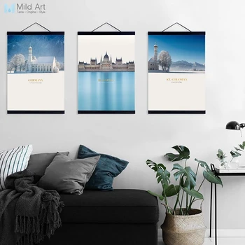 

Blue Sky White Snow Mountain Church Landscape Wood Framed Poster Nordic Style Wall Art Picture Home Decor Canvas Painting Scroll