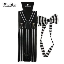Winfox Винтаж Черный, белый цвет для женщин мужчин подтяжки для галстук бабочка комплект полосатый Brace