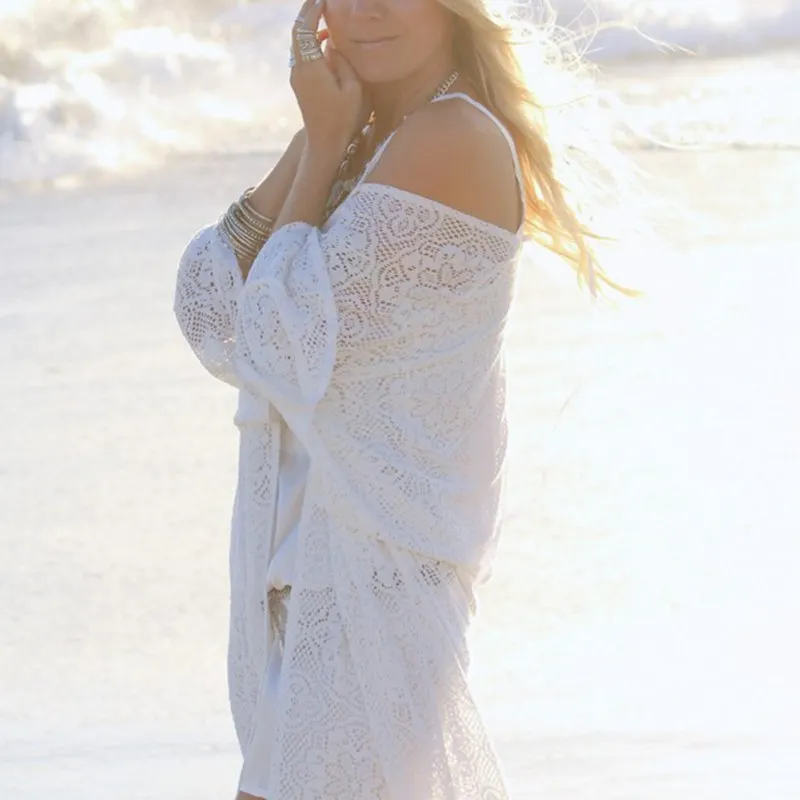 Boho Women Fringe Lace kimono cardigan White Tassels Beach Cover Up Cape Tops Blouses damen bluze
