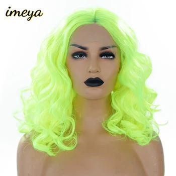 

Imeya 150% Density Short Bob Wavy Hair Synthetic Glueless Lace Front Wigs Half Hand Tied Fluorescent Green Cosplay Summer Wigs