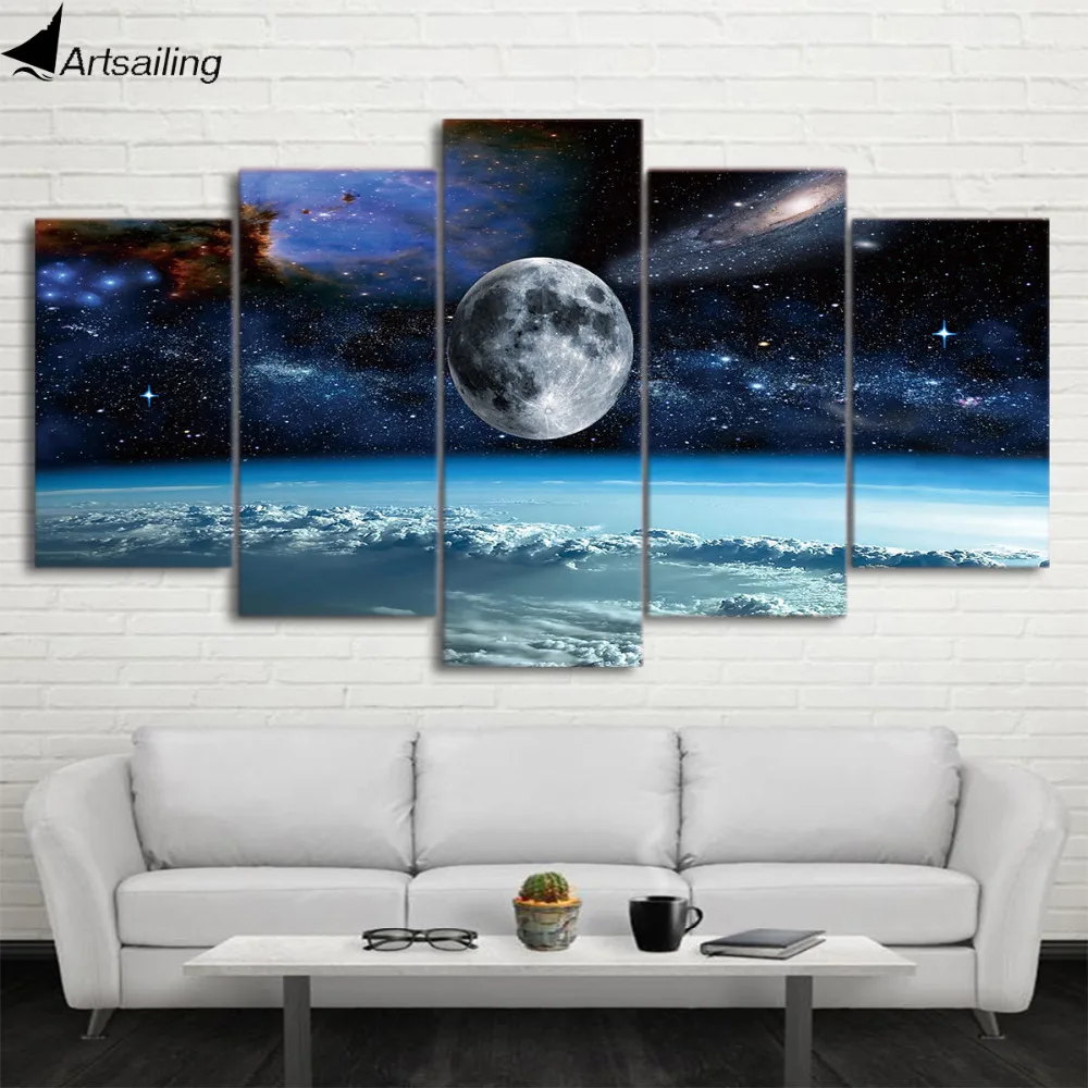 HD Print 5 Pieces Canvas Art Space Universe Moon Stars Painting Modular Framed Canvas Home Decor Poster For Living Room CU-1486C