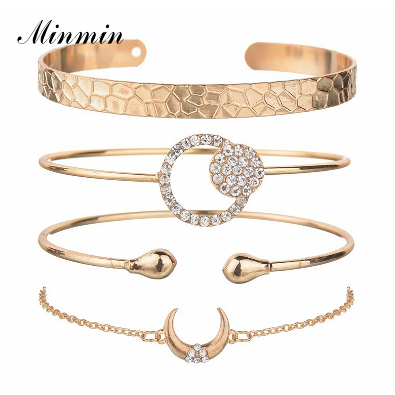 

Minmin 4 Pcs/Set Gold Silver Color Crystal Charm Bracelet & Bangle Set for Women Moon Geometric Pendant Adjustable Bangles SL406