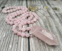 YA3998 Natural Rose Quartzs Point Rose Quartzs Beads Knotted Handmade Necklace 2