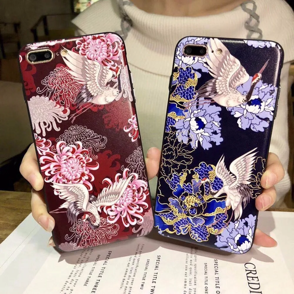 

Japanese style Flower Red-crowned crane Phone Case For iPhone 7 8 6 6S plus X 3D colorful painting relief tpu+pc back Cover Capa