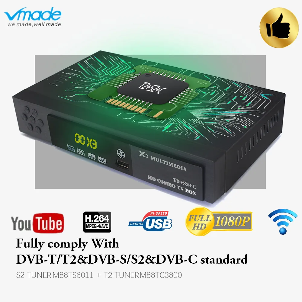 

Vmade X3 HD DVB-T2 S2 DVB-C 3 in 1 COMBO digital Satellite Receiver Full HD1080p Terrestrial TV Tuner support AC3 Youtube Cccam
