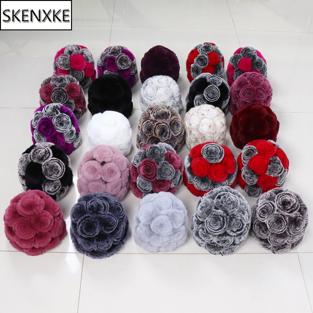Опт и розница для девочек Настоящий мех кролика шапка s цветы Зимние шапки Skullies шапка вязаный натуральный мех кролик шапочка Женская шапка s