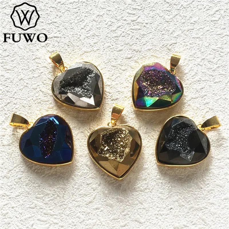 FUWO модный Радужный кулон в форме Сердца Druzy граненый аура соединитель кварц с