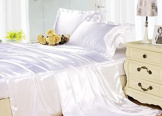 silk sheets bedding set white cream silk satin king size double silky satin sheets