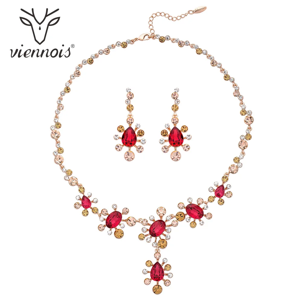 Viennois Rose Gold &amp Silver Color Crystal Drop Earrings Rhinestone Necklace Set For Women Metal Party Jewelry 2019 | Украшения и