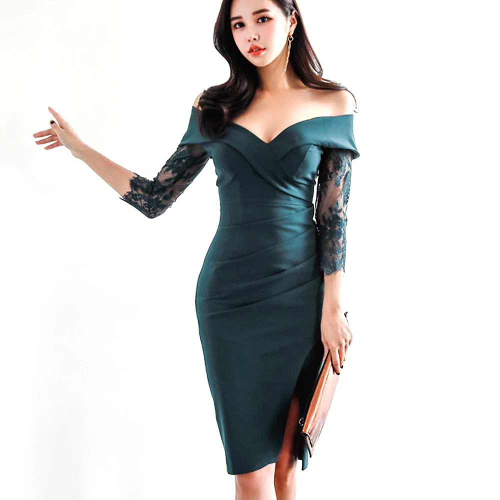 

Women Dress Lace Sexy tops cleavage V-Neck Slim Dree Formal Gala Lady Female Clothes Summer Apparel Party Dress Off Shoulder