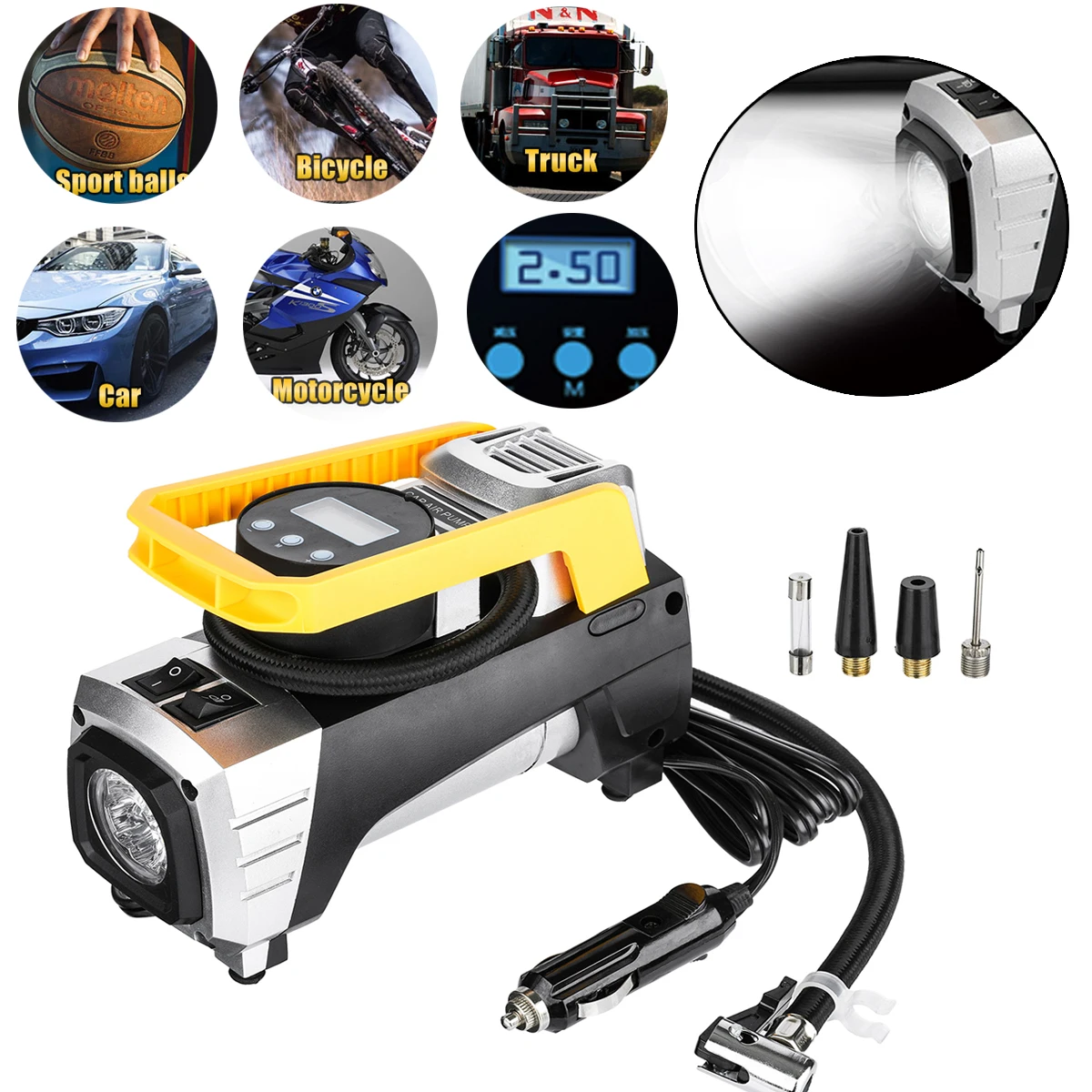 

12V Heavy Car Pump Air Compressor Digital Display with LED Light Multifunctional Car Motorcycle Tyre Inflator Pump 73PSI