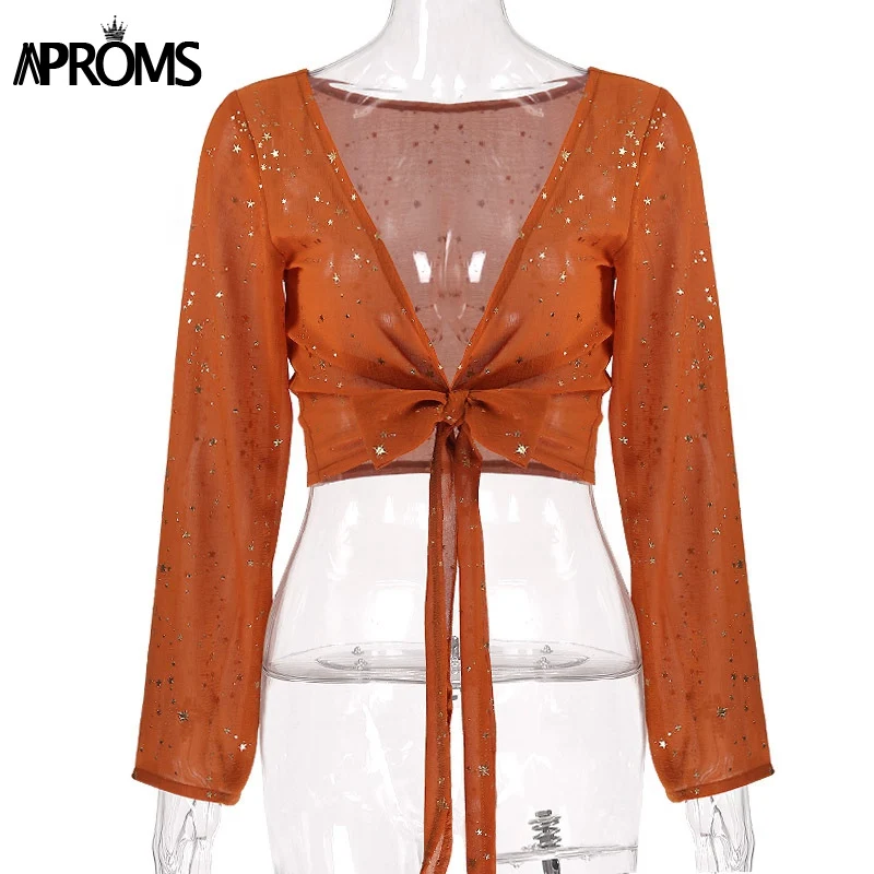 Aproms Gold Star Wrap Bow Tie Blouse Women Summer V Neck Long Sleeve Sheer Shirts Lady Streetwear C