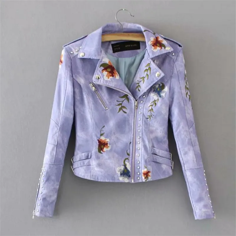 

Spring and Autumn Women's Fashion Retro Embroidered Pu Leather Jacket Coat Autumn and Winter New European Station Women's Wear L