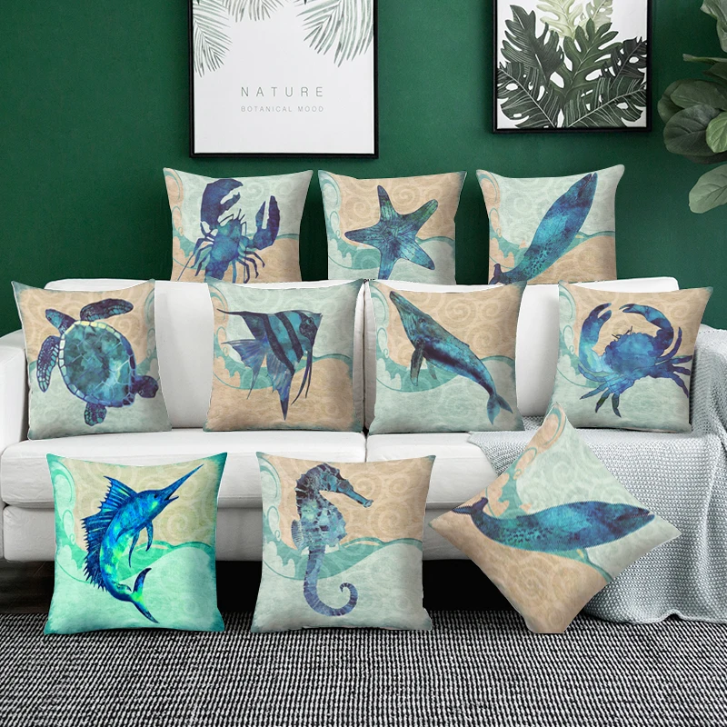 

Sea Turtle Printed Cushion Cover Marine Ocean Seahorse Home Decor whale Pillowcase car Marine fish decorative pillows
