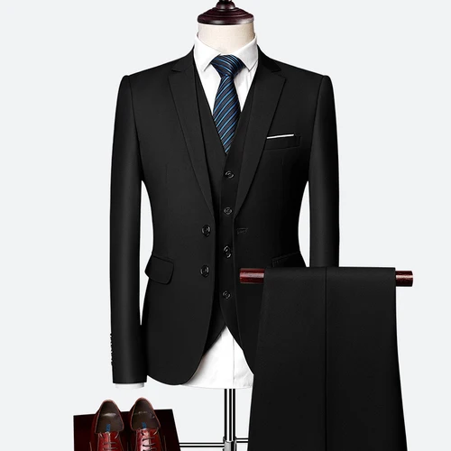 LeftROM Весенние новые мужские модные облегающие Стрейчевые приталенные костюмы, блейзер для жениха, костюм жениха из 3 предметов(пиджак+ жилет+ брюки - Цвет: Black(2 buttons)