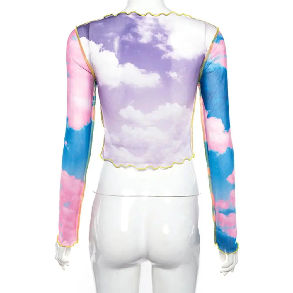 الأزرق السماء سحابة طباعة شبكة التي شيرت المرأة المحاصيل أعلى شفافة عارضة تيشيرت صيفي 2019 خليط مثير المحملة قميص فام Camiseta الأزرق السماء سحابة طباعة شبكة التي شيرت المرأة المحاصيل أعلى شفافة عارضة تيشيرت صيفي 2019 خليط مثير المحملة قميص فام Camiseta