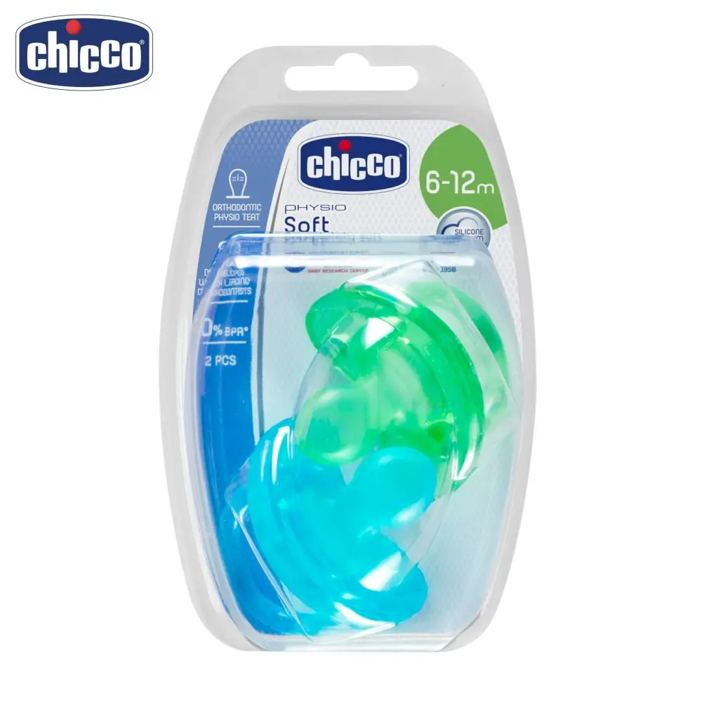 Пустышка Chicco Physio Soft, 2 шт., 6-12 мес., силикон, для девочек - Цвет: Синий