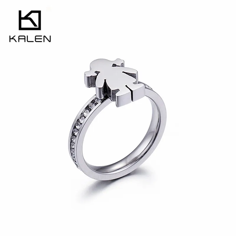 KALEN 2018 New Stainless Steel Silver Girl Charm Rings For Women Rhinestone Cartoon Girl Finger Rings Size 6 7 8 9 Rings Jewelry