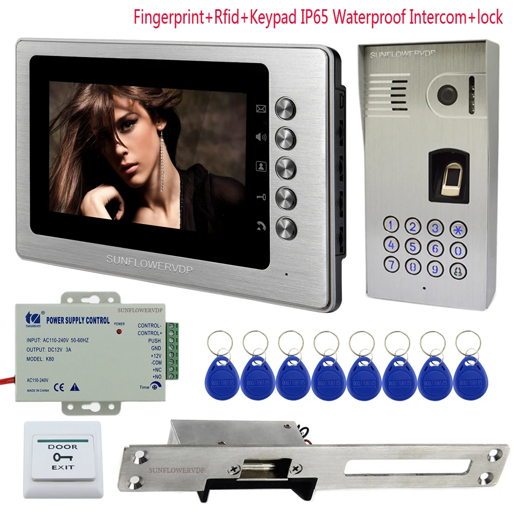 

IP65 Waterproof Video Door Phone Fingerprint Rfid Keypad 7" Aluminum Wire Drawing Monitor Video Call Home Intercom +Door Lock