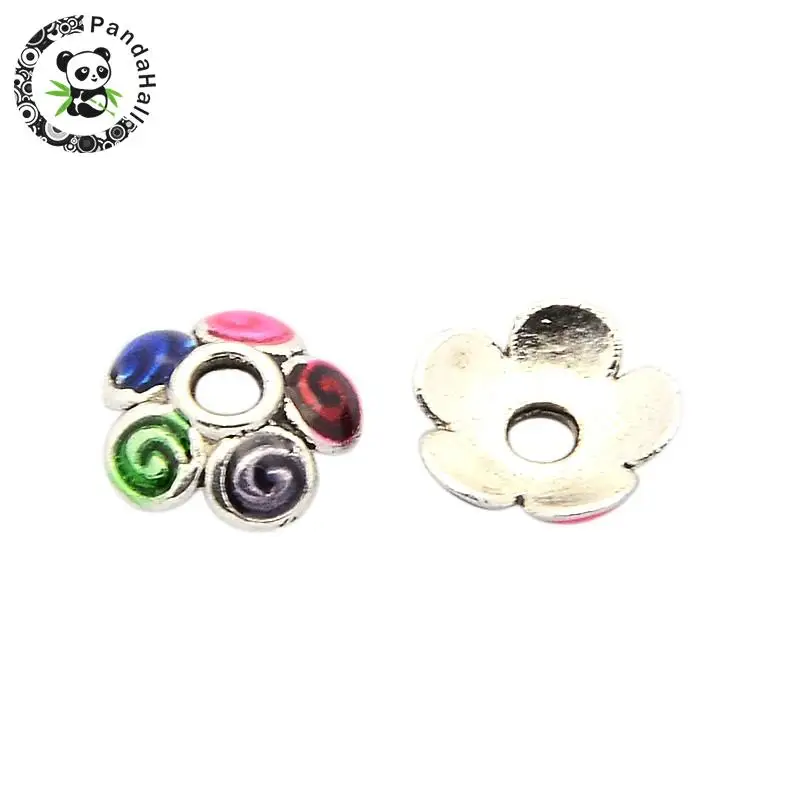 Antique Silver Color Tone Alloy Enamel Flower Bead Caps 5-Petal Colorful 9x2mm Hole: 2mm | Украшения и аксессуары