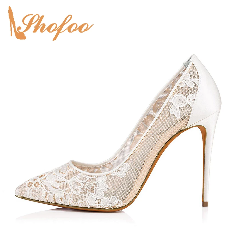 

Summer White Lace High Stilettos Pointy Toe Pumps Woman Thin Heels Large Size 11 15 For Ladies Wedding Shoes Elegance Marriage