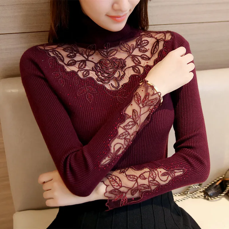 

2017 Autumn Winter Women Sweaters and Pullovers Turtleneck Lace Crochet Slim Knitting Sueter Mujer Pull Femme Maglioni Donna Y47