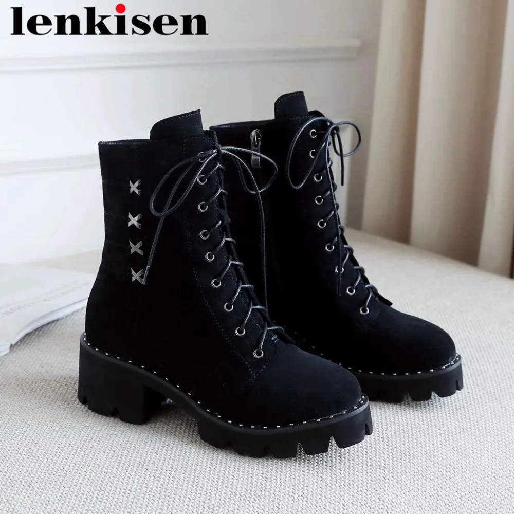 

Lenkisen 2019 british design thick med heels zipper natural leather round toe rivets black color large size motorcycle boots L15